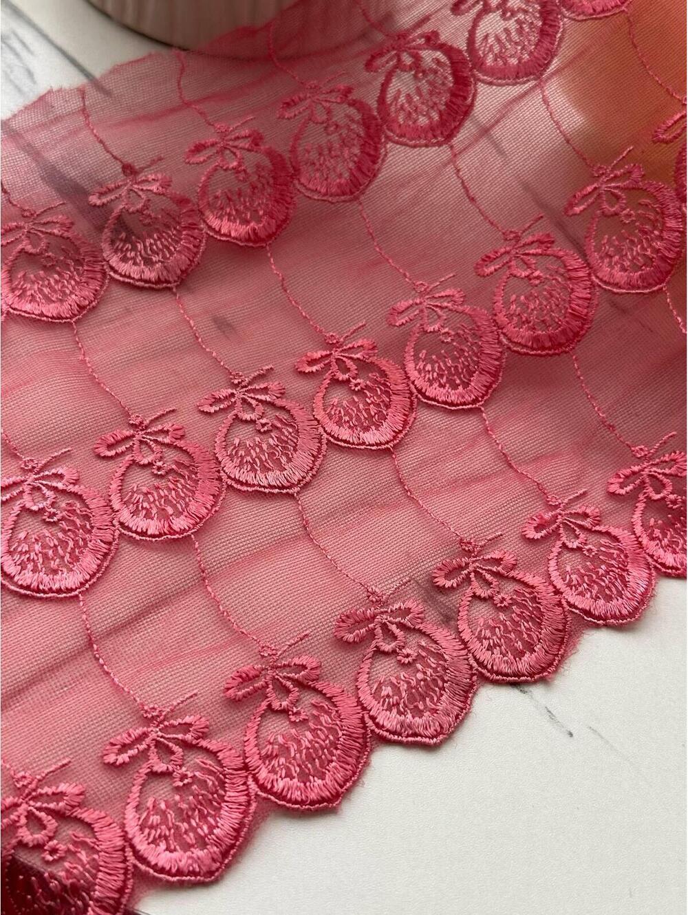 1Yd Non-Stretch 7" Pink Strawberry Tulle Mesh Embroidered Lace Trim Wholesale
